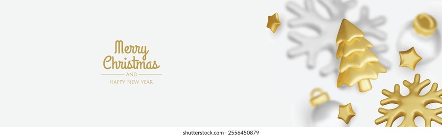 Happy New Year and Merry Christmas. Christmas holiday background with realistic 3d objects, gold and white bauble balls, conical metal stars, gift. Levitation falling design composition.