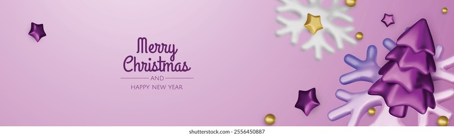 Happy New Year and Merry Christmas. Christmas holiday background with realistic 3d objects, violet and white bauble balls, conical metal stars, gift. Levitation falling design composition.