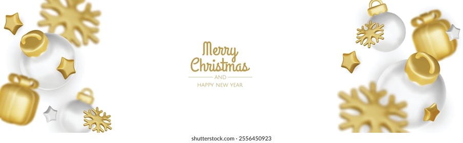 Happy New Year and Merry Christmas. Christmas holiday background with realistic 3d objects, gold and white bauble balls, conical metal stars, gift. Levitation falling design composition.
