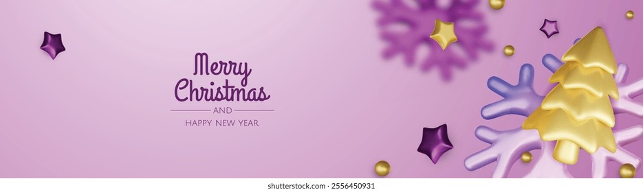 Happy New Year and Merry Christmas. Christmas holiday background with realistic 3d objects, violet and white bauble balls, conical metal stars, gift. Levitation falling design composition.