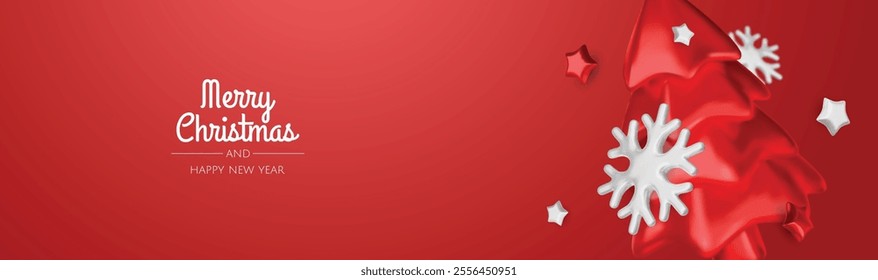 Happy New Year and Merry Christmas. Christmas holiday background with realistic 3d objects, bauble balls, conical metal stars. Levitation falling design composition.