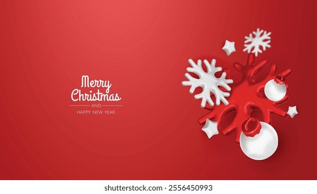 Happy New Year and Merry Christmas. Christmas holiday background with realistic 3d objects, bauble balls, conical metal stars. Levitation falling design composition.