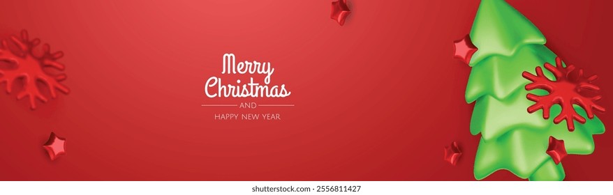 Happy New Year and Merry Christmas. Christmas holiday background with realistic 3d objects, bauble balls, conical metal stars. Levitation falling design composition.