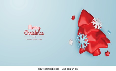 Happy New Year and Merry Christmas. Christmas holiday background with realistic 3d objects, bauble balls, conical metal stars. Levitation falling design composition.