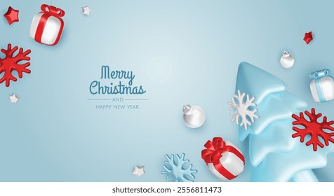 Happy New Year and Merry Christmas. Christmas holiday background with realistic 3d objects, bauble balls, conical metal stars. Levitation falling design composition.