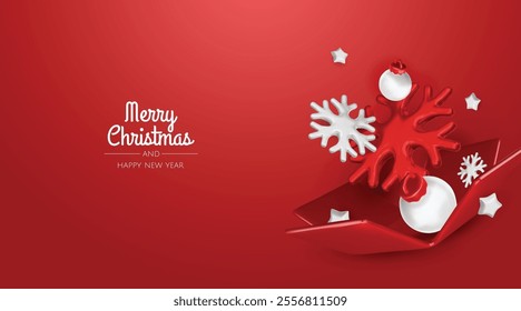 Happy New Year and Merry Christmas. Christmas holiday background with realistic 3d objects, violet and white bauble balls, conical metal stars, gift. Levitation falling design composition.