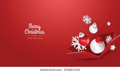 Happy New Year and Merry Christmas. Christmas holiday background with realistic 3d objects, violet and white bauble balls, conical metal stars, gift. Levitation falling design composition.