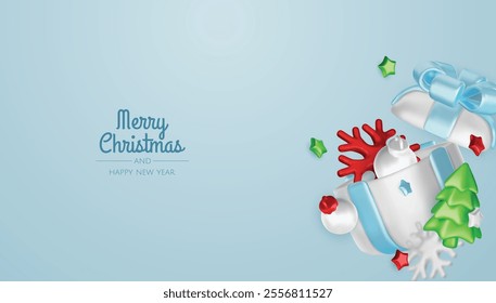 Happy New Year and Merry Christmas. Christmas holiday background with realistic 3d objects, bauble balls, conical metal stars. Levitation falling design composition.