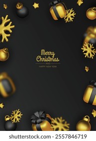 Happy New Year and Merry Christmas. Christmas holiday background with realistic 3d objects, bauble balls, conical metal stars. Levitation falling design composition.