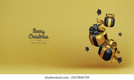 Happy New Year and Merry Christmas. Christmas holiday background with realistic 3d objects, bauble balls, conical metal stars. Levitation falling design composition.