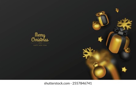 Happy New Year and Merry Christmas. Christmas holiday background with realistic 3d objects, violet and white bauble balls, conical metal stars, gift. Levitation falling design composition.