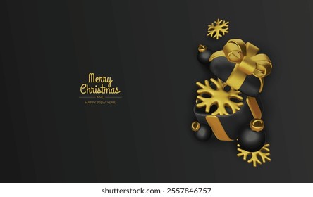 Happy New Year and Merry Christmas. Christmas holiday background with realistic 3d objects, bauble balls, conical metal stars. Levitation falling design composition.