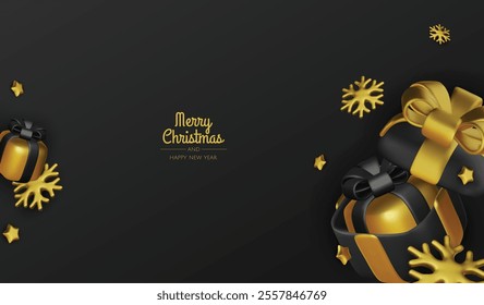 Happy New Year and Merry Christmas. Christmas holiday background with realistic 3d objects, bauble balls, conical metal stars. Levitation falling design composition.