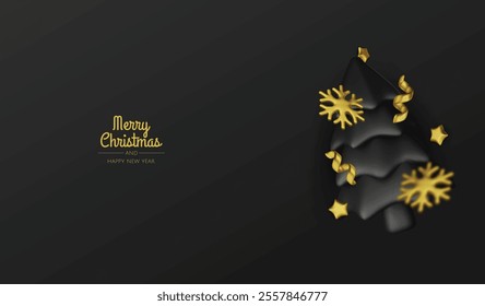 Happy New Year and Merry Christmas. Christmas holiday background with realistic 3d objects, violet and white bauble balls, conical metal stars, gift. Levitation falling design composition.