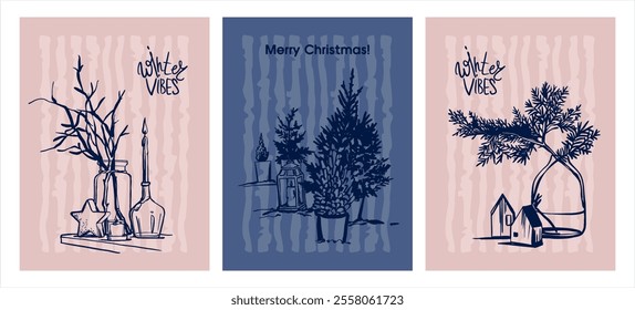 Happy New Year, Merry Christmas - a set of three posters (cards). Monochrome digital illustration on a contrasting, striped background with holiday text. Vector illustration