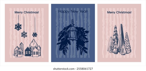 Happy New Year, Merry Christmas - a set of three posters (cards). Monochrome digital illustration on a contrasting, striped background with holiday text. Vector illustration