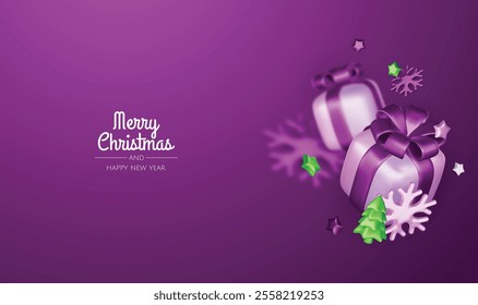 Happy New Year and Merry Christmas. Christmas holiday background with realistic 3d objects, violet and white bauble balls, conical metal stars, gift. Levitation falling design composition.