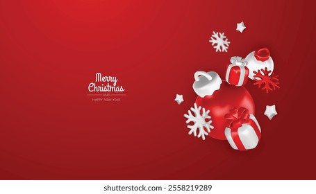 Happy New Year and Merry Christmas. Christmas holiday background with realistic 3d objects, bauble balls, conical metal stars. Levitation falling design composition.