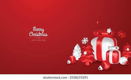 Happy New Year and Merry Christmas. Christmas holiday background with realistic 3d objects, bauble balls, conical metal stars. Levitation falling design composition.