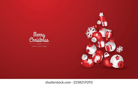 Happy New Year and Merry Christmas. Christmas holiday background with realistic 3d objects, bauble balls, conical metal stars. Levitation falling design composition.