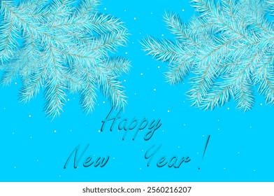 Happy New Year and Merry Christmas. Greeting card with  branches of a Christmas tree  and place for text on a blue background. Poster, banner, card, background. Vector illustration. Not AI generated