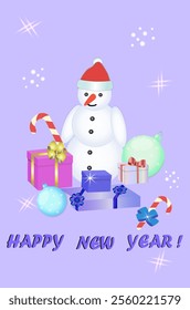 Happy New Year and Merry Christmas. New Year's card with a snowman, gifts, Christmas balls and candy on a light purple background. Flat vector illustration. Not AI generated