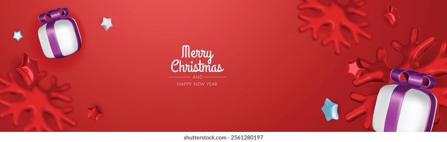 Happy New Year and Merry Christmas. Christmas holiday background with realistic 3d objects, bauble balls, conical metal stars. Levitation falling design composition.