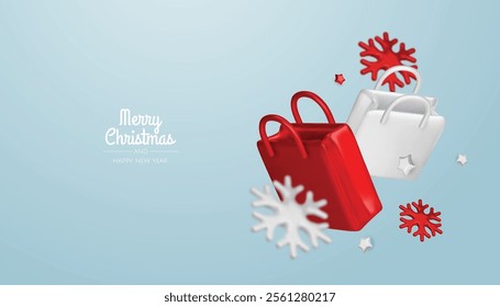 Happy New Year and Merry Christmas. Christmas holiday background with realistic 3d objects, bauble balls, conical metal stars. Levitation falling design composition.