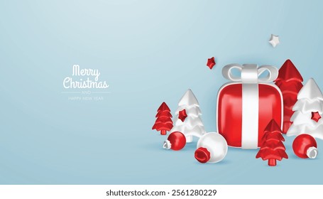 Happy New Year and Merry Christmas. Christmas holiday background with realistic 3d objects, bauble balls, conical metal stars. Levitation falling design composition.