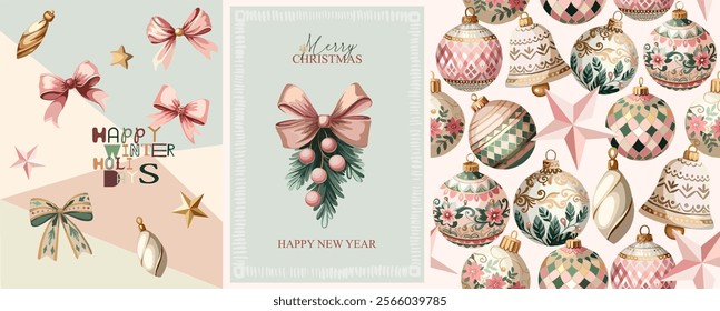 Happy New Year, Merry Christmas - a fully editable poster with elements (Christmas tree decorations), background and text for creating festive advertising, branding posters, printing.