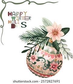 Happy New Year, Merry Christmas - a composition of Christmas tree decorations, spruce branches, berries with text in pink and green colors. Vector digital illustration in a modern, flat style