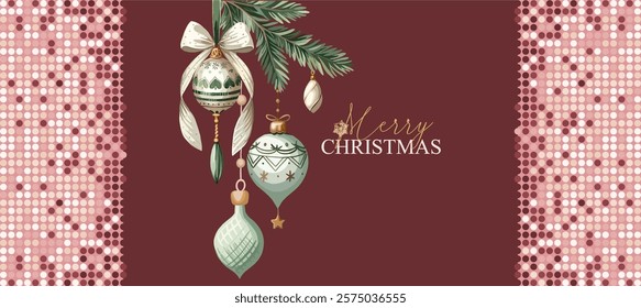 Happy New Year, Merry Christmas - a fully editable poster with elements (Christmas tree decorations), background and text for creating festive advertising, branding posters, printing.