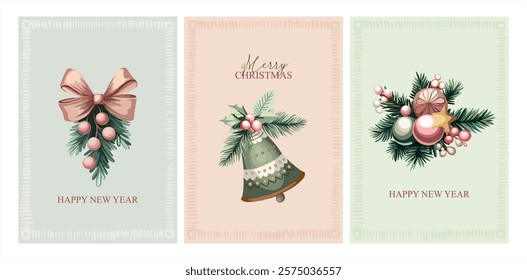 Happy New Year, Merry Christmas - a fully editable poster with elements (Christmas tree decorations), background and text for creating festive advertising, branding posters, printing.