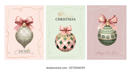 Happy New Year, Merry Christmas - a fully editable poster with elements (Christmas tree decorations), background and text for creating festive advertising, branding posters, printing.