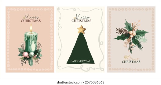 Happy New Year, Merry Christmas - a fully editable poster with elements (Christmas tree decorations), background and text for creating festive advertising, branding posters, printing.