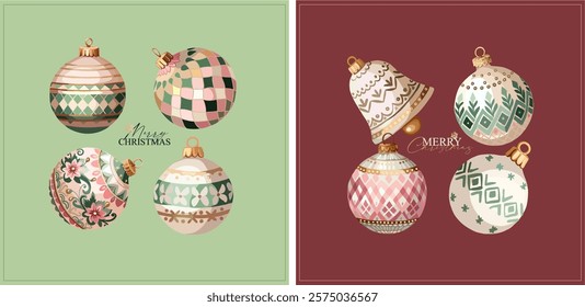 Happy New Year, Merry Christmas - a fully editable poster with elements (Christmas tree decorations), background and text for creating festive advertising, branding posters, printing.