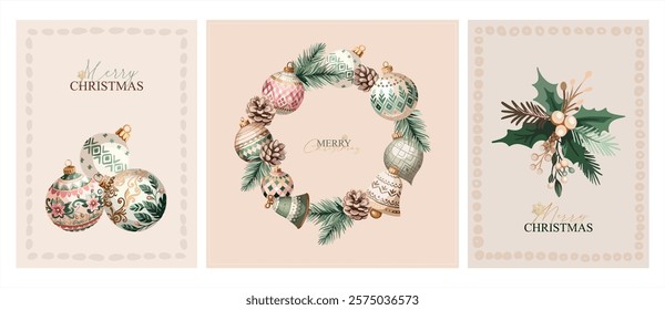 Happy New Year, Merry Christmas - a fully editable poster with elements (Christmas tree decorations), background and text for creating festive advertising, branding posters, printing.