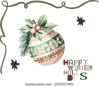 Happy New Year, Merry Christmas - a composition of Christmas tree decorations, spruce branches, berries with text in pink and green colors. Vector digital illustration in a modern, flat style