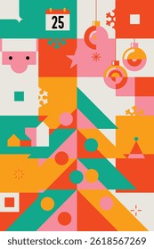 Feliz Ano Novo. Feliz Natal bonito moderno elementos de estilo geométrico minimalista, Papai Noel, decorações de Natal, árvore de Natal, chapéu de Papai Noel e muito mais. Ilustração vetorial.