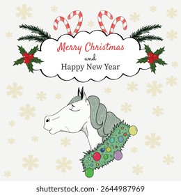 Happy New Year and Merry Christmas. Happy New Year greeting. Vector with a greeting and a horse.
