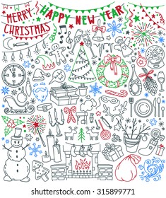 Happy New Year and Merry Christmas doodle set. Traditional symbols: christmas tree, fireplace with stockings, gift boxes, snowflakes, advent wreath, home party decoration. Freehand vector drawing.