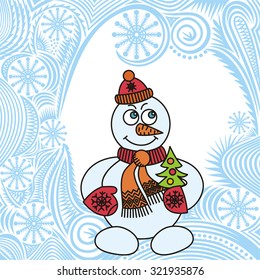 Happy new year merry christmas card with snowman vector illustration