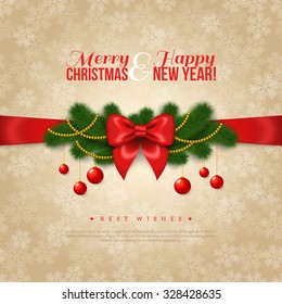 Happy New Year and Merry Christmas Greeting Card Design. Vector Illustration. Red Silk Bow with Pine Tree Branches