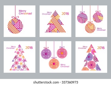 Happy New Year. Merry Christmas. Set of creative 6 cards. Template for Greeting Congratulations, Invitations. Vector illustration. 