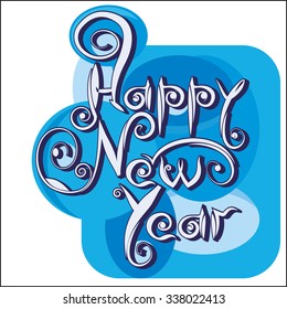 Happy New Year and Merry Christmas greeting card. Merry Christmas lettering- vector Calligraphic and vintage text on the blue winter background. Lettering design composition.