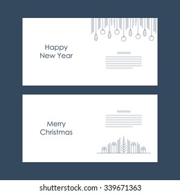 Happy New Year and Merry Christmas linear vector design. Elegant xmas card template. Winter holidays celebration, minimalist decoration elements