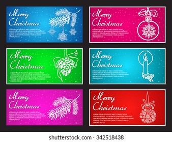 Happy New Year and Merry Christmas vector banner horizontal set with ball, toy, cone, branch and candle