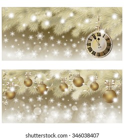 Happy New Year and Merry Christmas golden banner, vector illustration