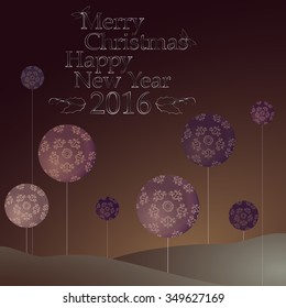 Happy new year and merry christmas template. Card with modern christmas evening with snow and christmas balls.