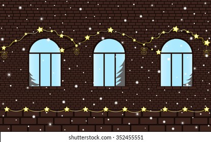 Happy New Year and Merry Christmas vector background with brick house wall with windows, festive illumination and winter snow